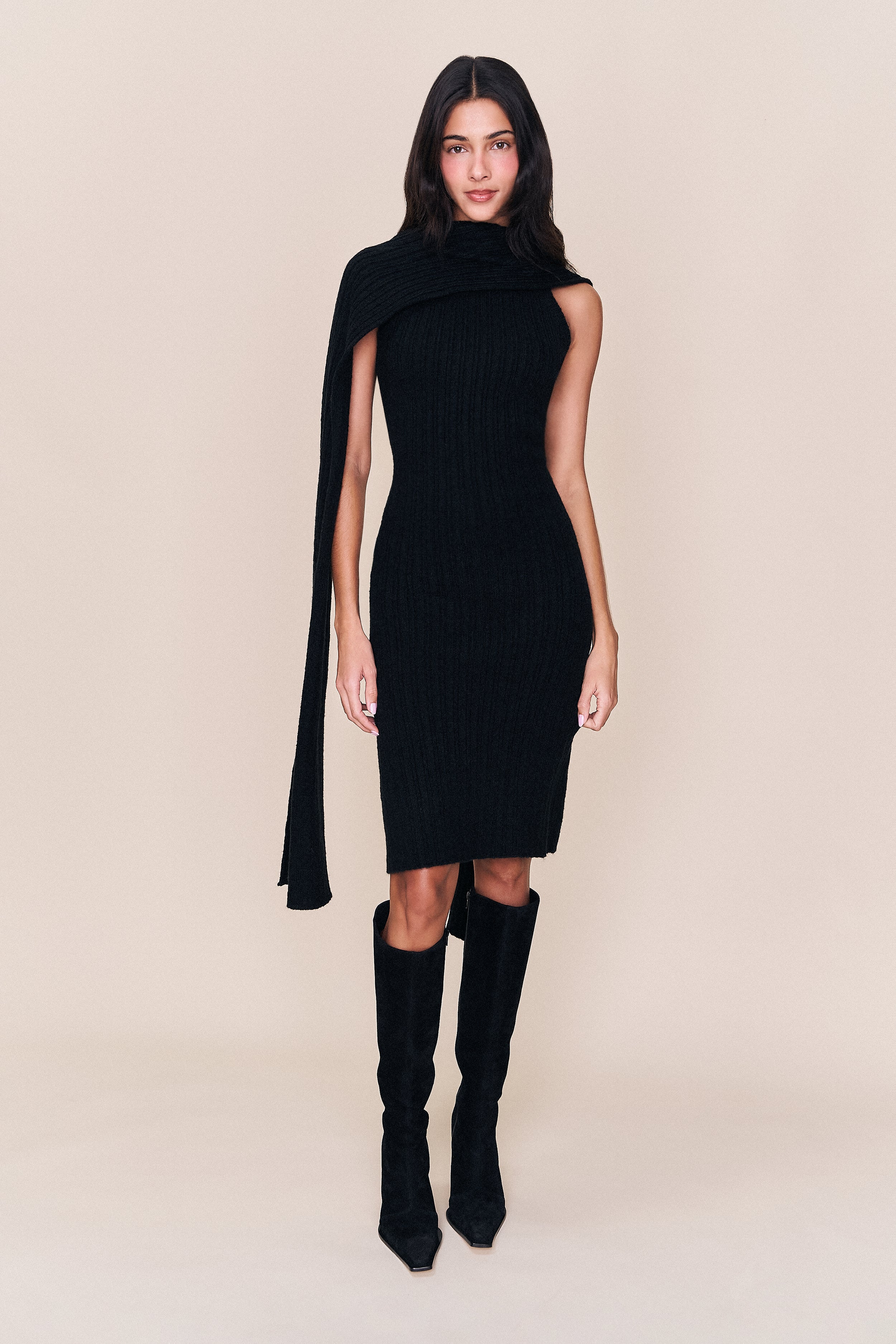 hooded black dress Hexin Lace Neckline Guizio Hooded Knit Dress Black