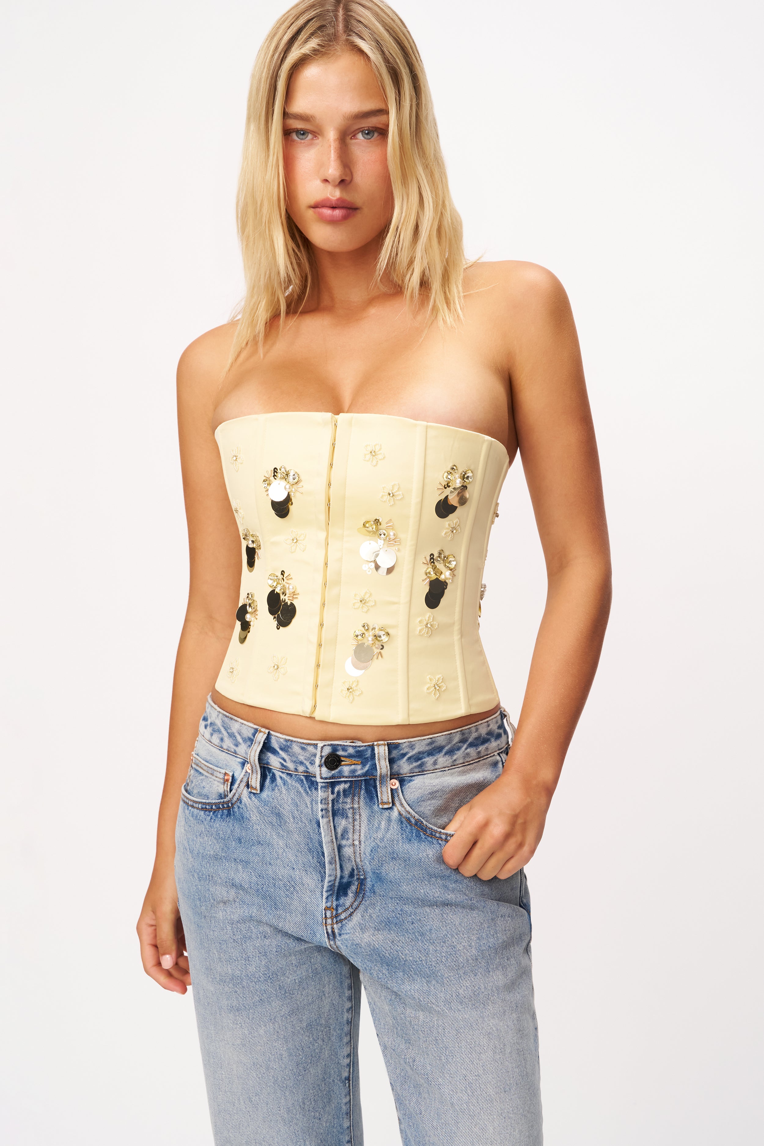 GUIZIO Embellished Satin Corset Pale Yellow / XXS