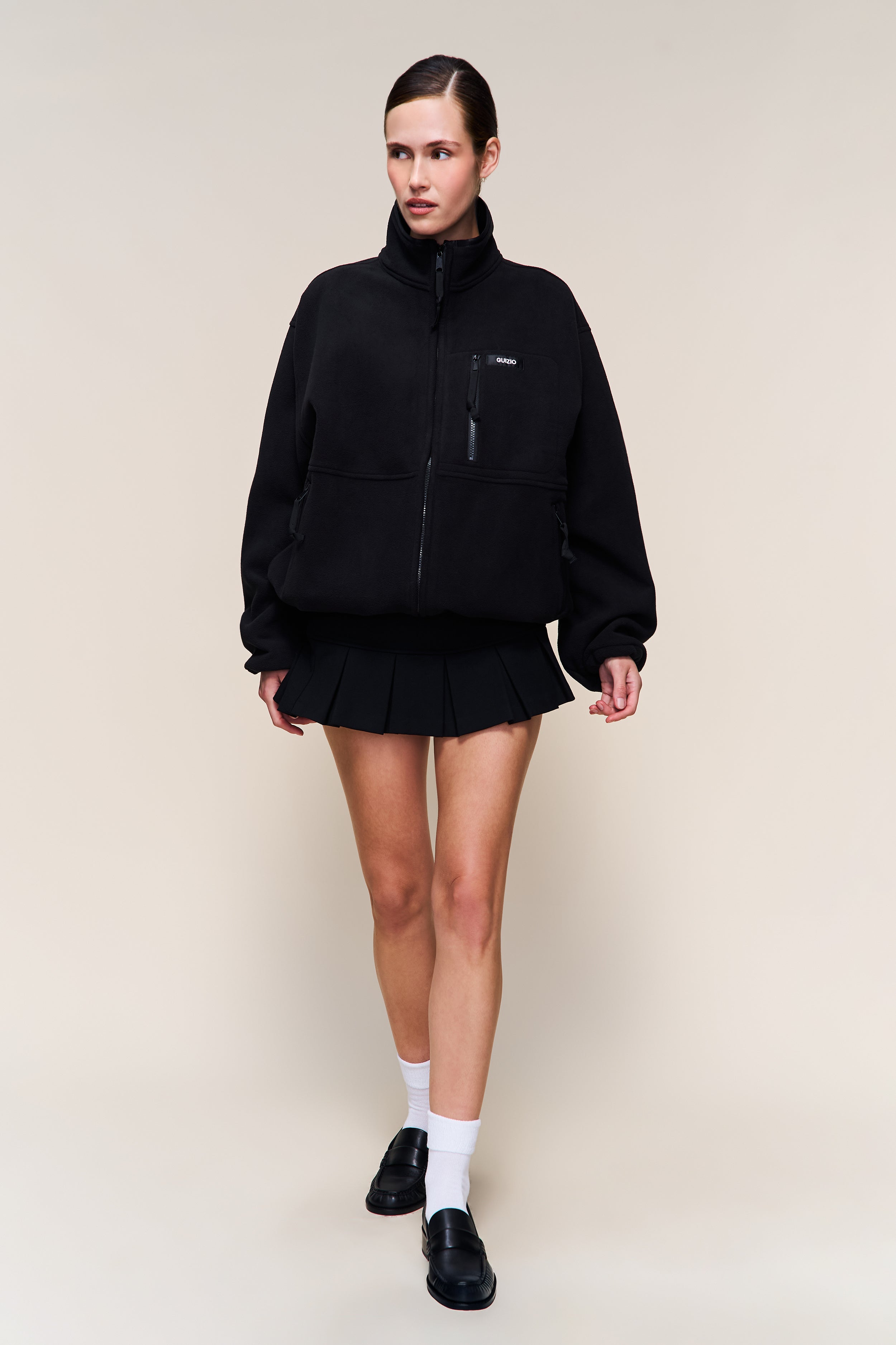 Guizio Fleece Zip Up Jacket in Black
