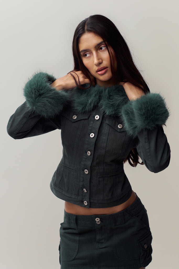 Ares Faux Fur Jacket in Forest