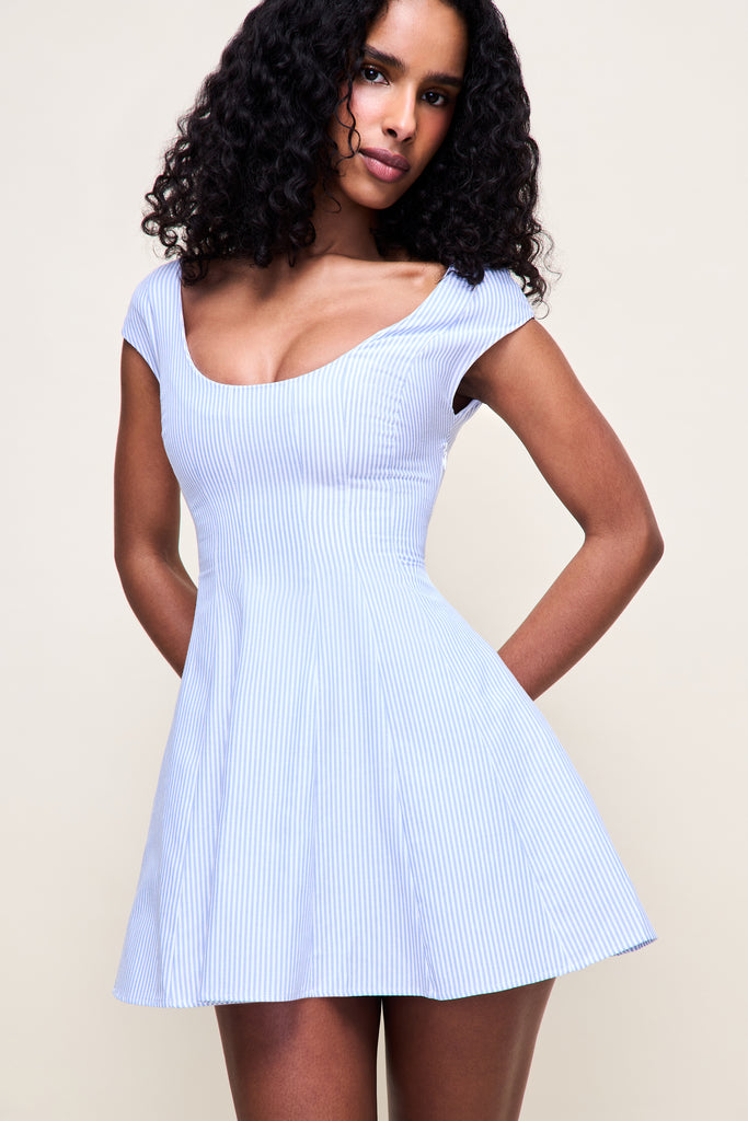 Leila Mini Dress in Blue White Stripe 