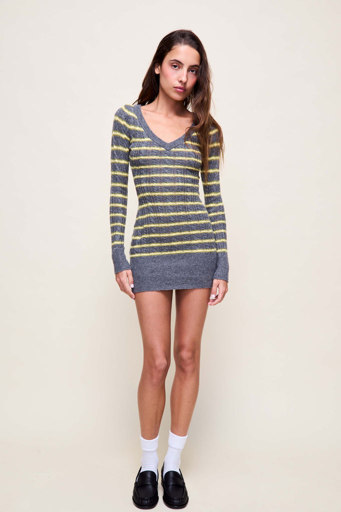 Poet Cable Knit Mini Dress in Grunge Grey Stripe