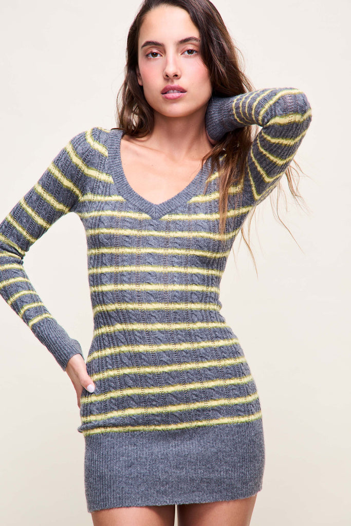 Poet Cable Knit Mini Dress in Grunge Grey Stripe