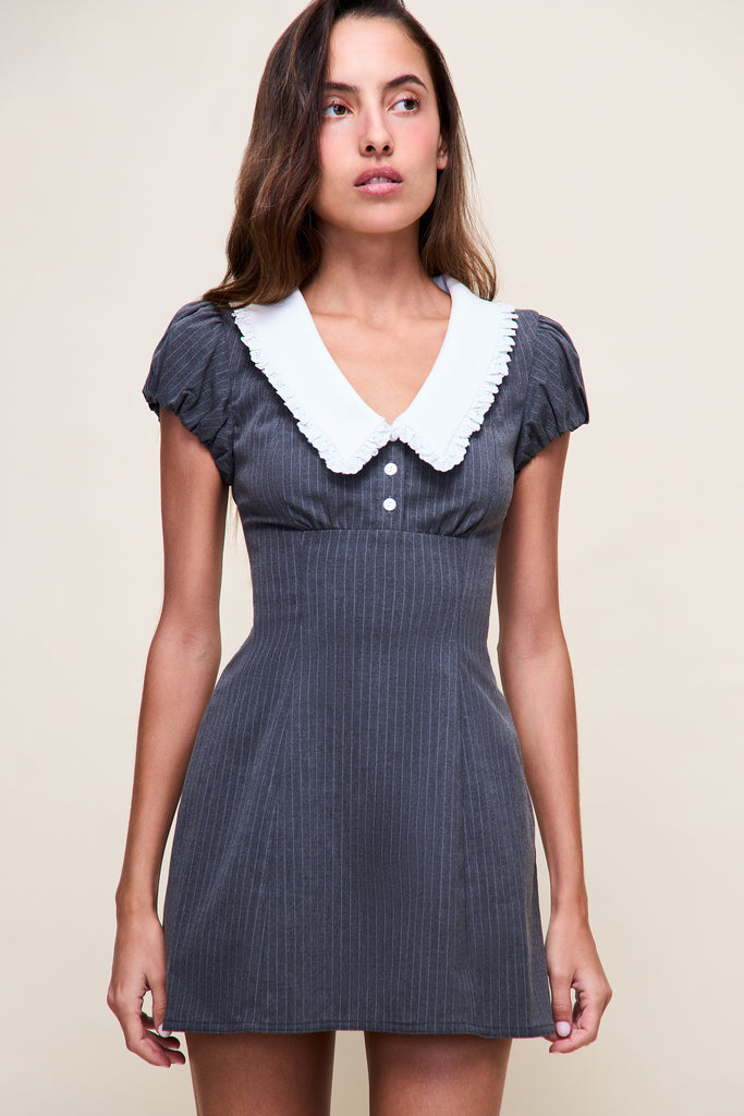 Jane Eyelet Mini Dress in Grey Pinstripe