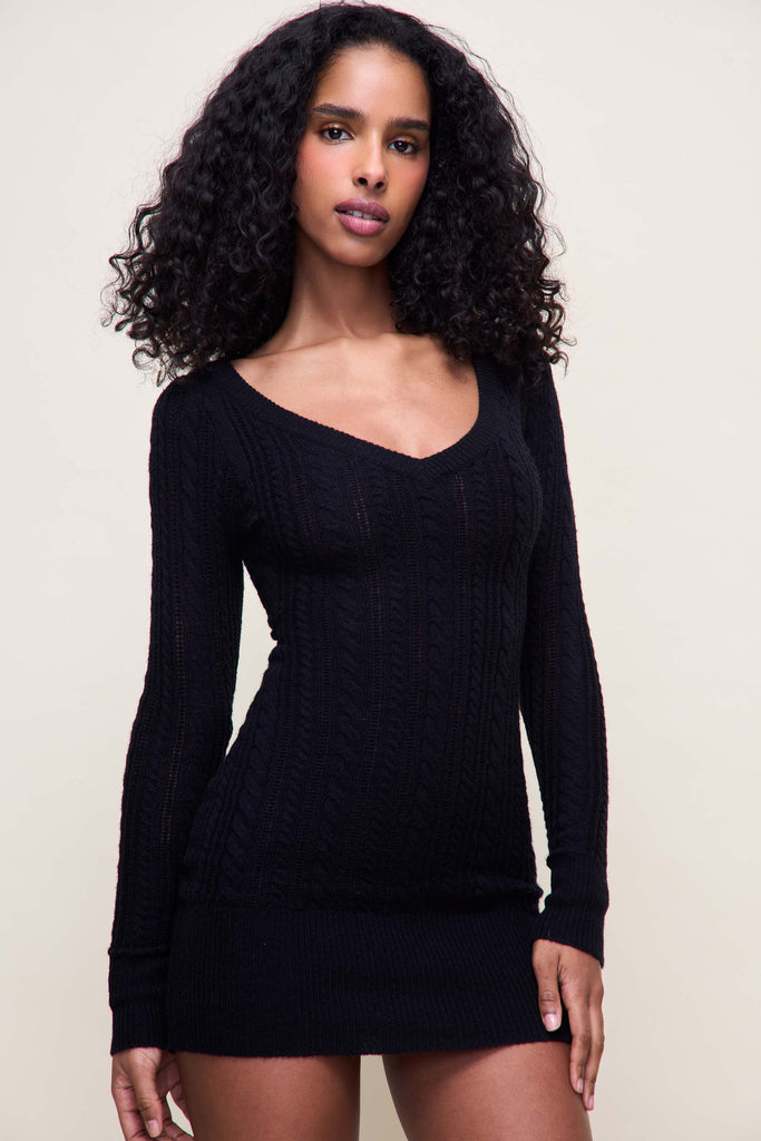 Poet Cable Knit Mini Dress in Black
