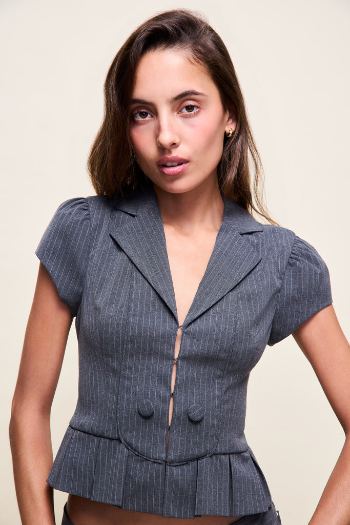 Mollie Cap Sleeve Blazer in Grey Pinstripe