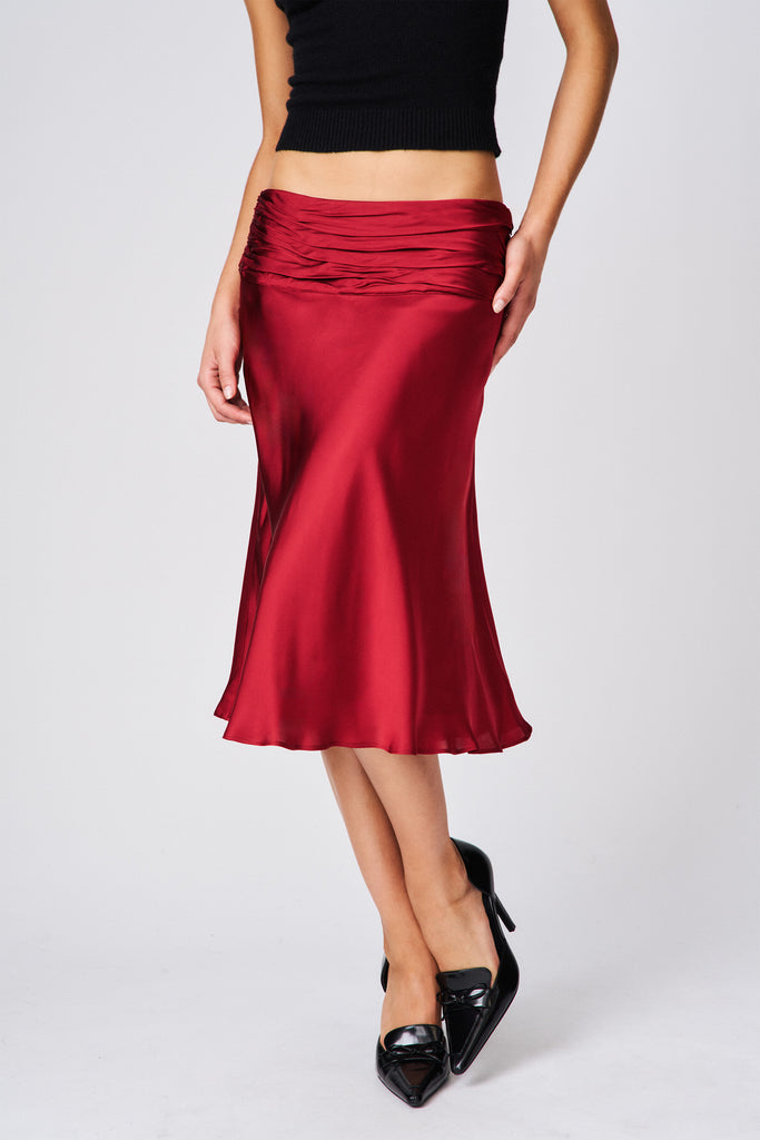 Eda Satin Midi Skirt in Bordeaux
