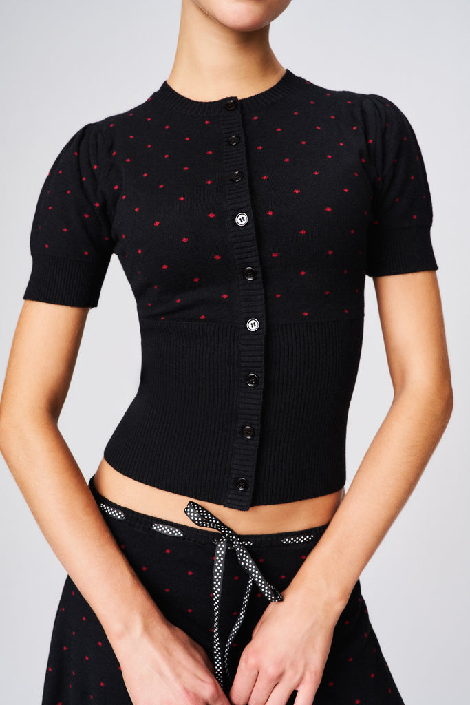 The Sweet Cardigan in Black Red Love Mini Dot
