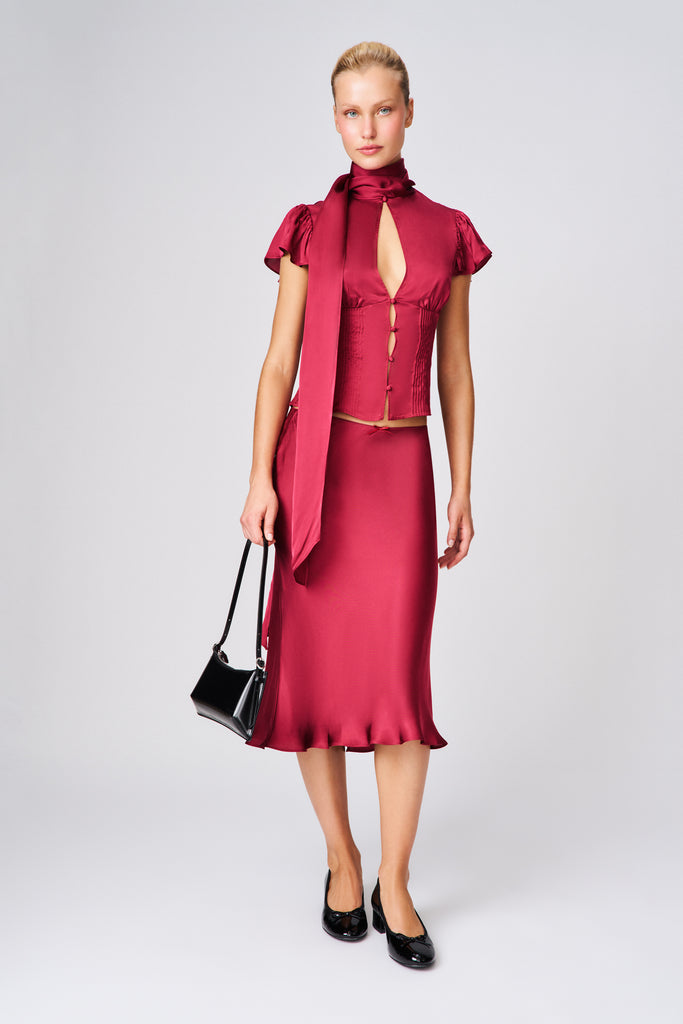 LUCIA SATIN MIDI SKIRT IN MERLOT