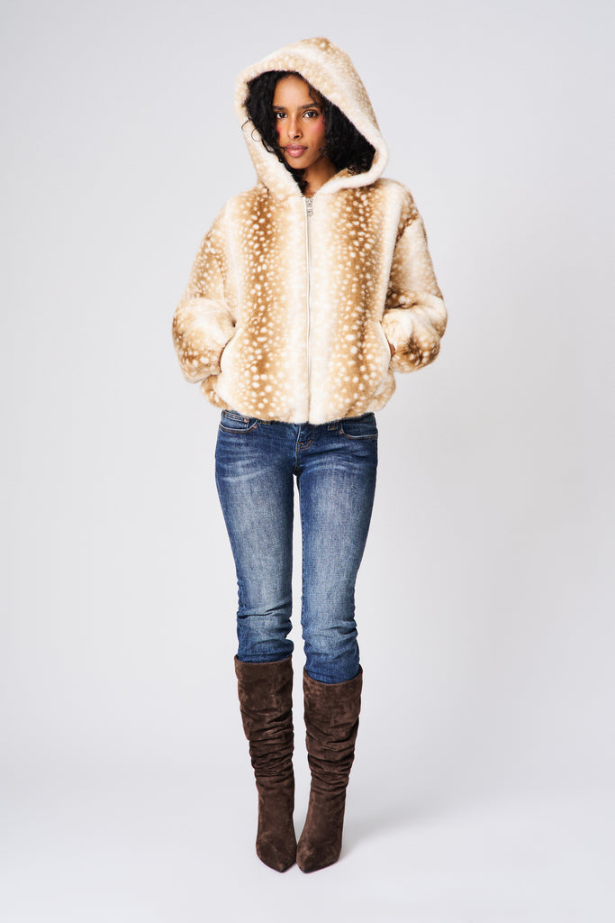 Cosette Cropped Faux Fur Jacket in Mink Cream