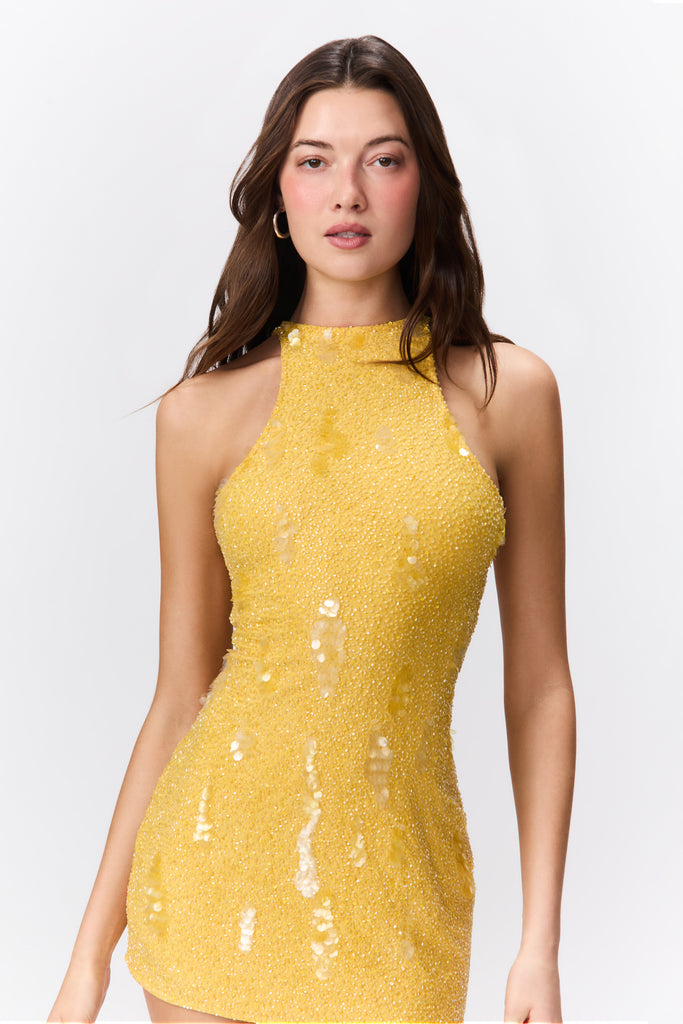 Embellished Halter Mini Dress in Sunshine Yellow