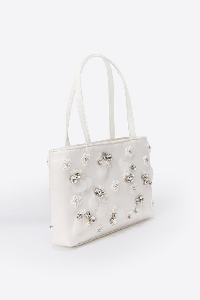 Embellished Satin Pouchette in White