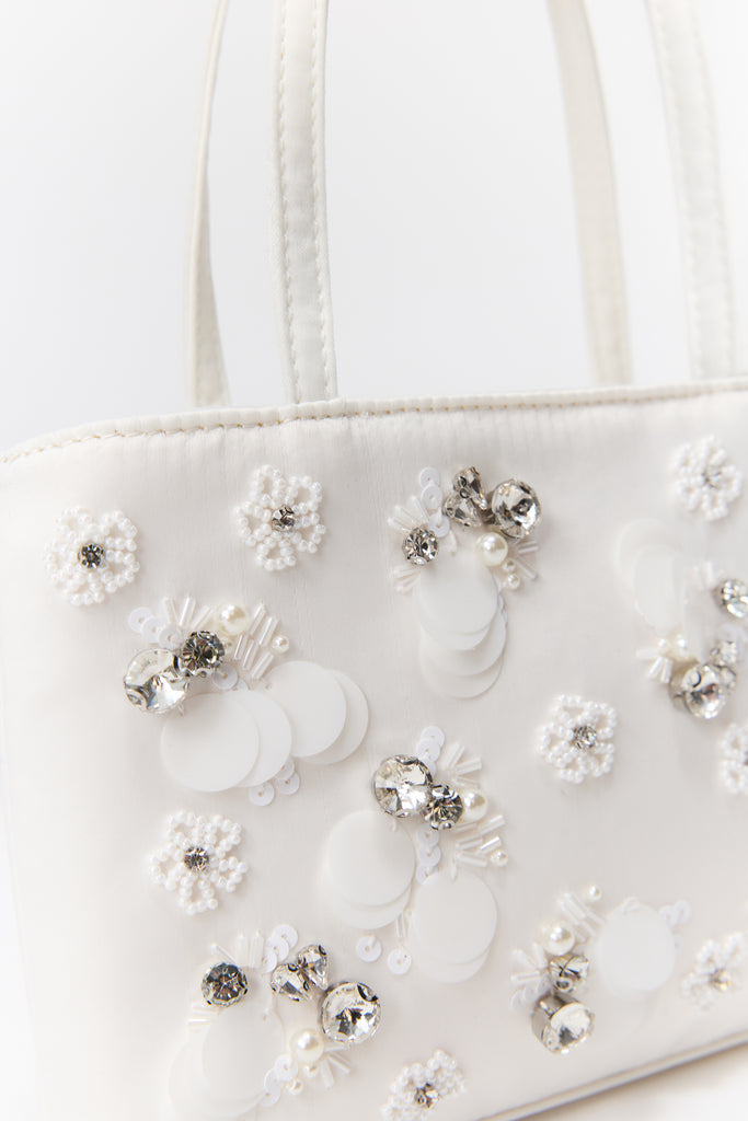 Embellished Satin Pouchette in White