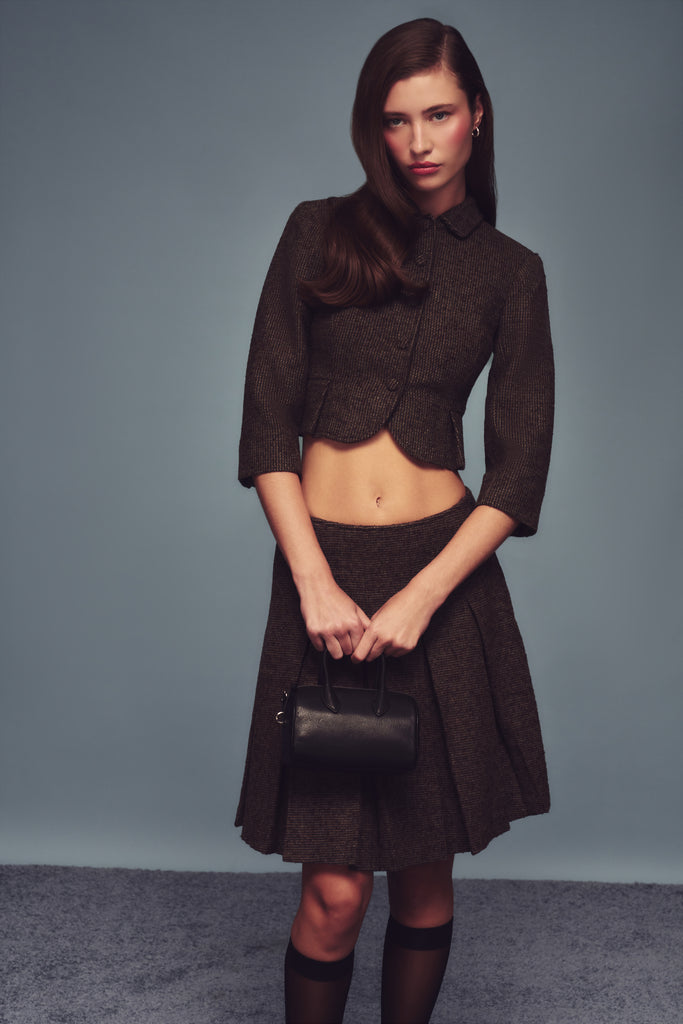 Maelie Low Rise Skirt in Brown Houndstooth