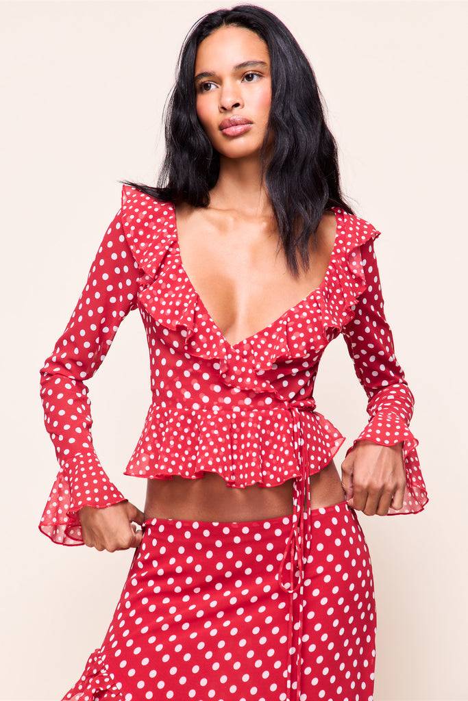 MALLORCA RUFFLE WRAP TOP in Red Love Mixed Polka Dot 