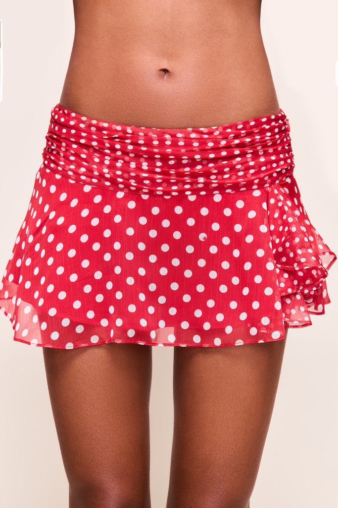CHIFFON SLIT MINI SKIRT in Red Love Polka Dot 
