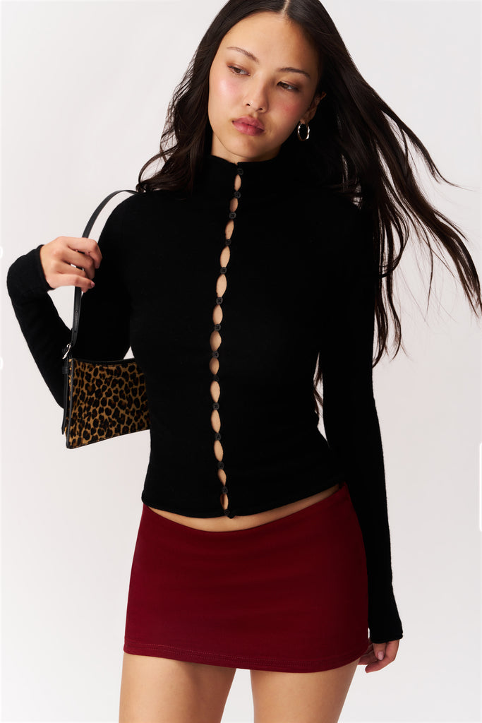 Micro Mini Denim Skirt in Bordeaux