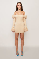 Faux Fur Off The Shoulder Mini Dress in Cream