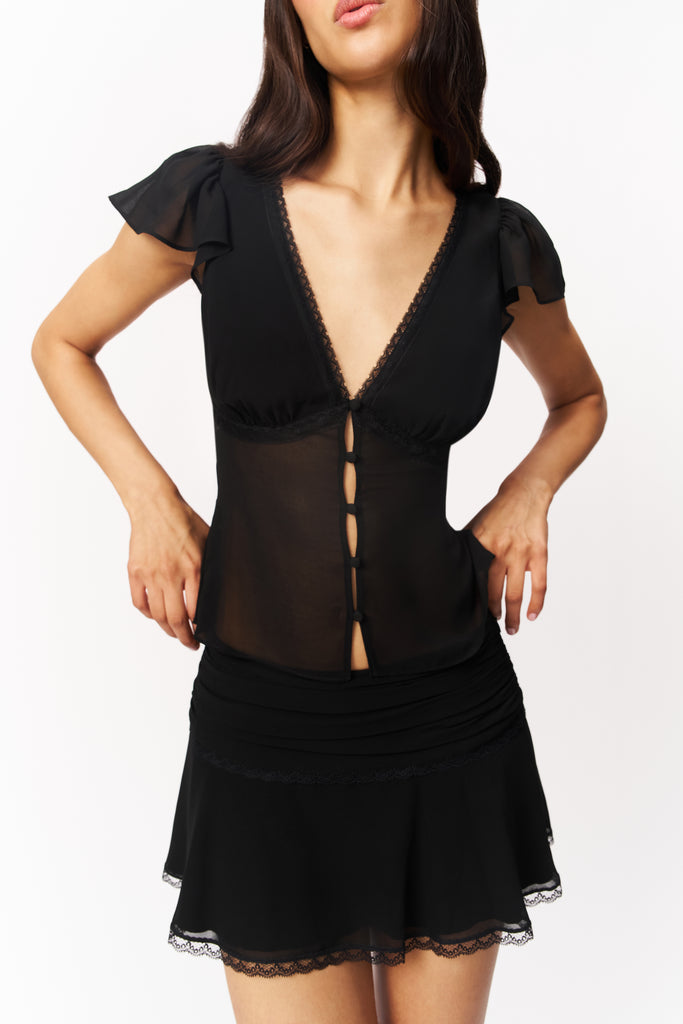 Ara Lace Trim V Neck Top in Black