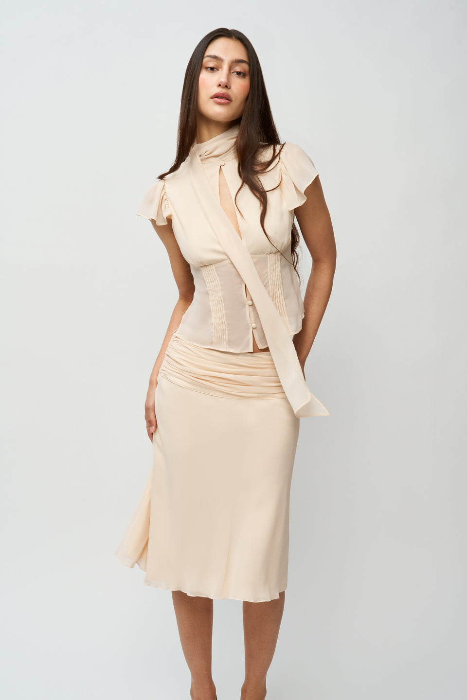 Gizia Embroidery Detail Cream Midi Skirt main image 0