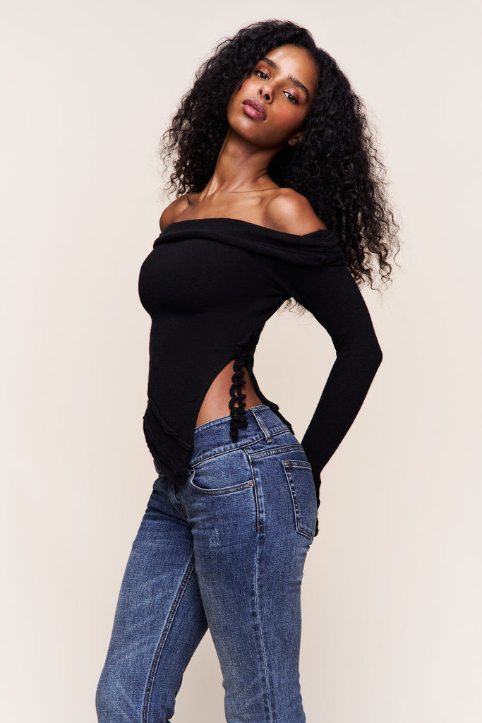 Soler Fold Over Knit Top in Black