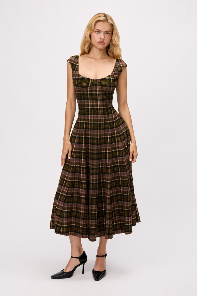 Leila Dress in Olive Tartan