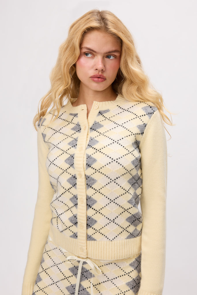 June Relaxed Cardigan in Yellow Argyle