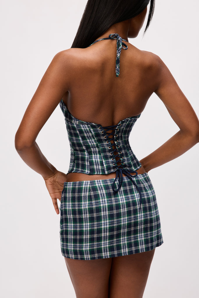 Marini Tartan Corset in Emerald Navy Classic Tartan Combo