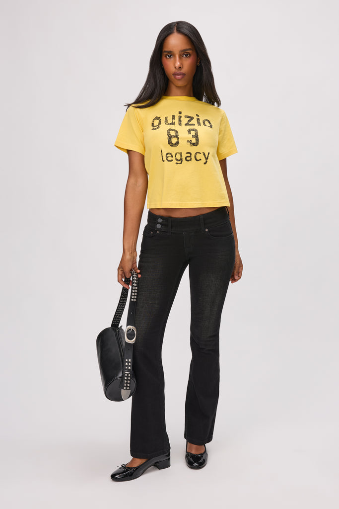 Malia Low Rise Belted Flare Denim in Washed Black