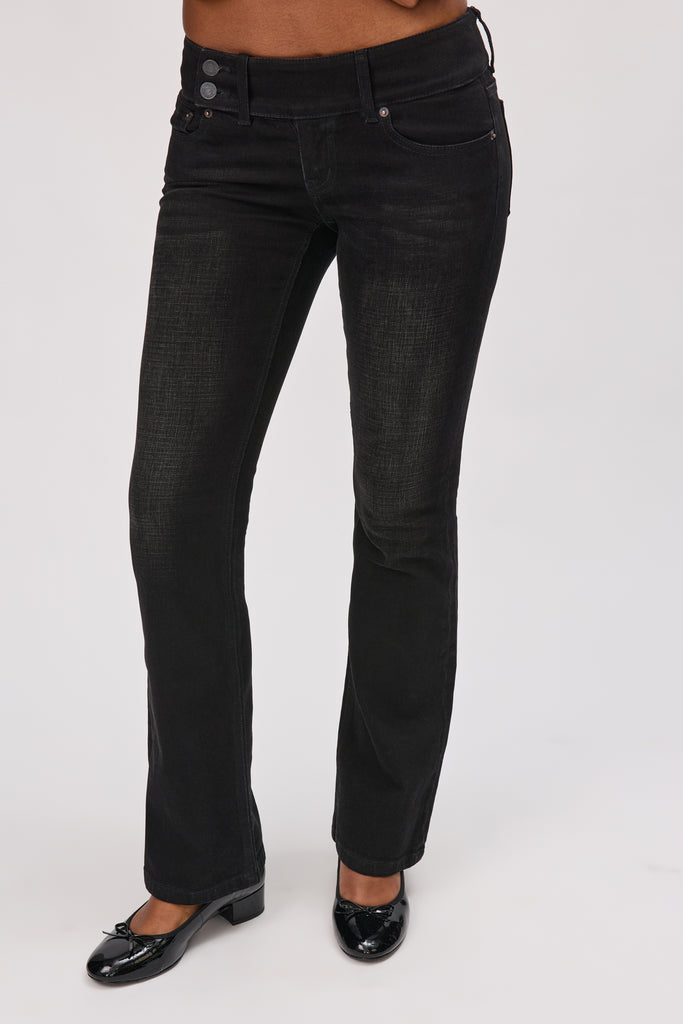 Malia Low Rise Belted Flare Denim in Washed Black
