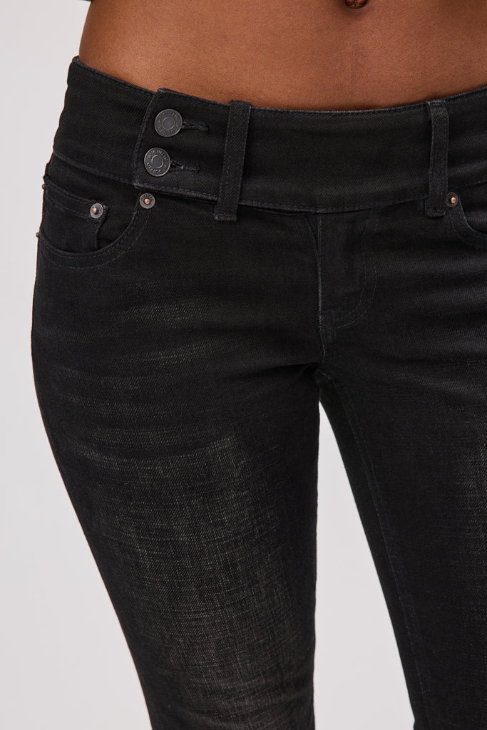 Malia Low Rise Belted Flare Denim in Washed Black