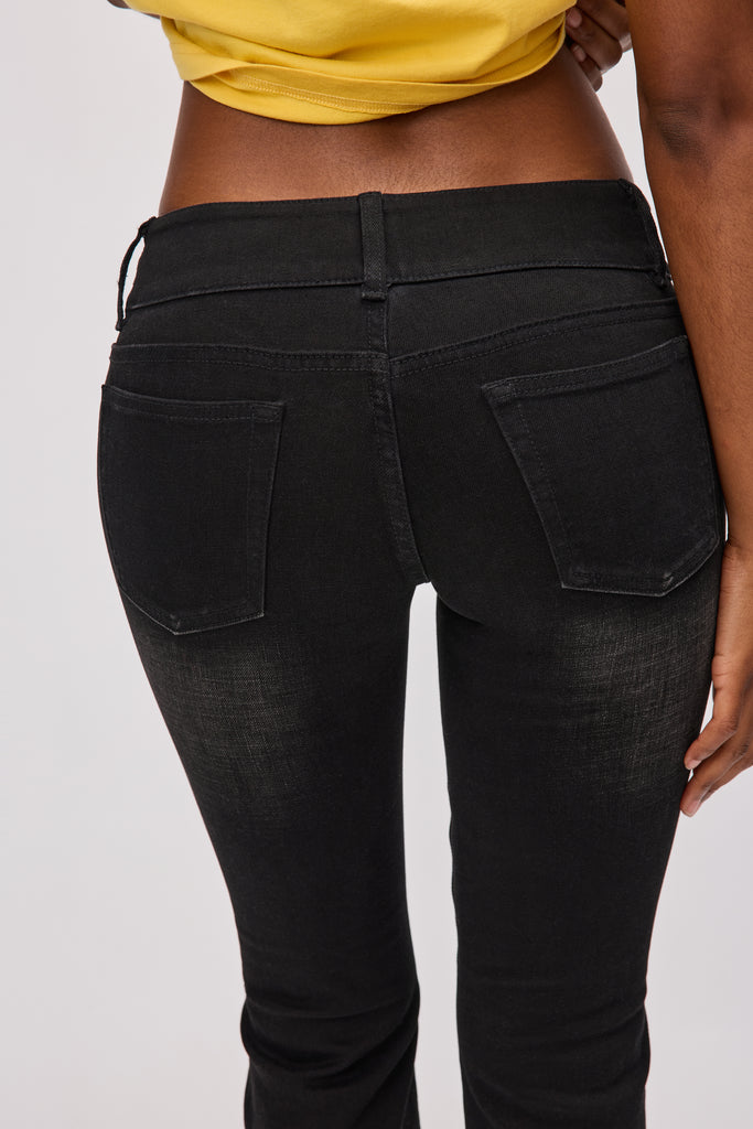 Malia Low Rise Belted Flare Denim in Washed Black