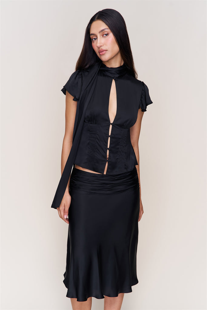 Eda Satin Midi Skirt in Black
