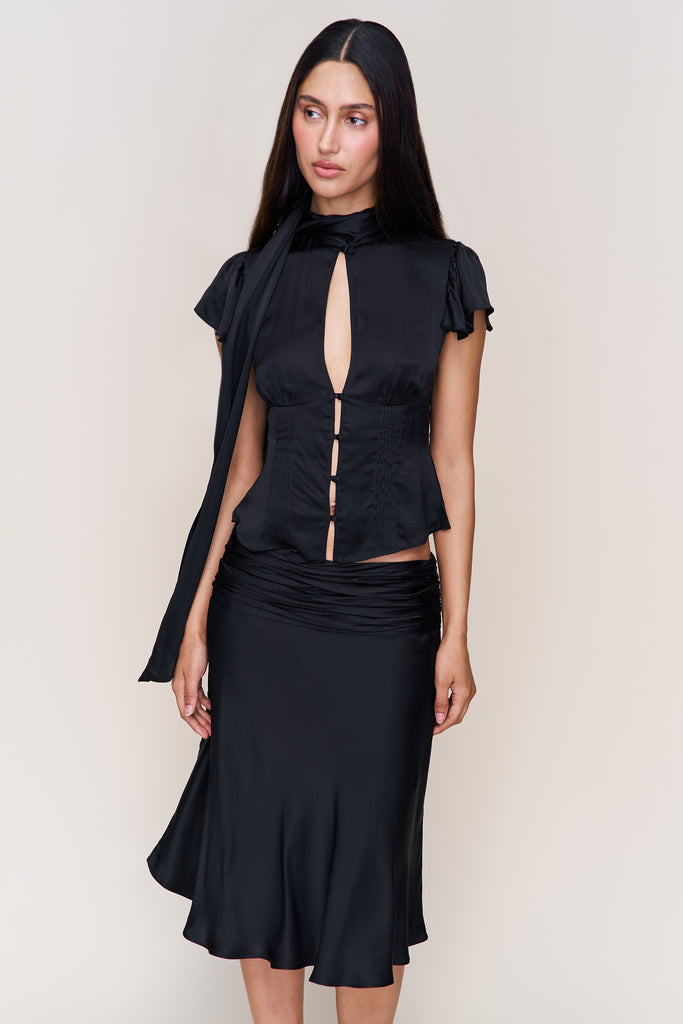 Eda Satin Midi Skirt in Black