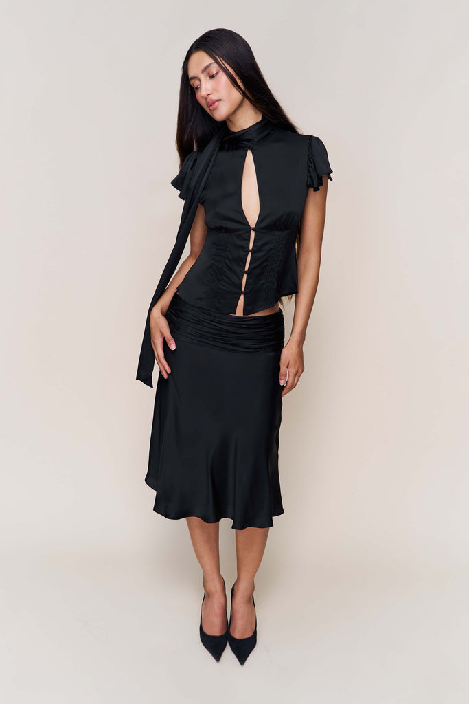 Eda Satin Midi Skirt in Black