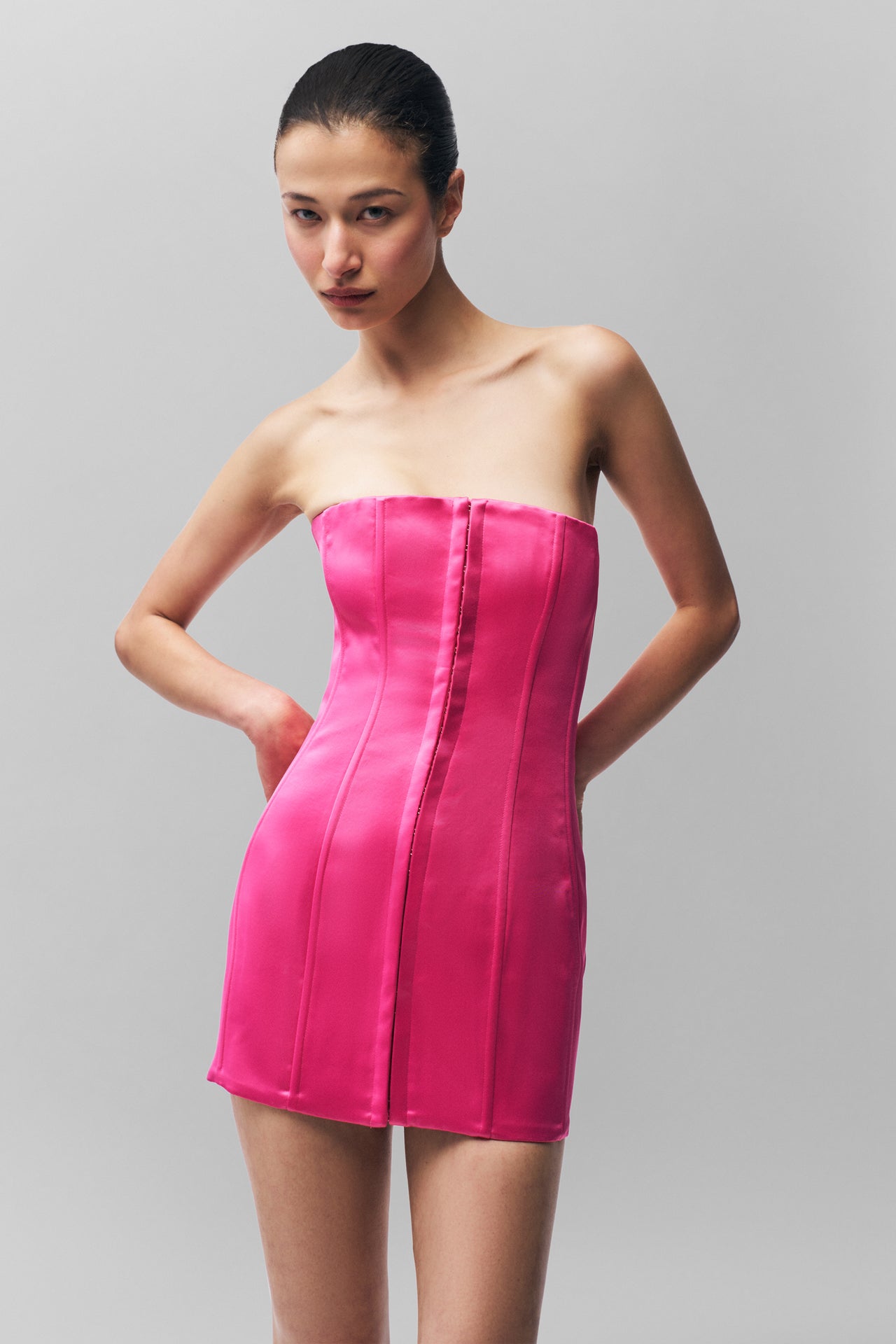 Satin Corset Dress in True Pink