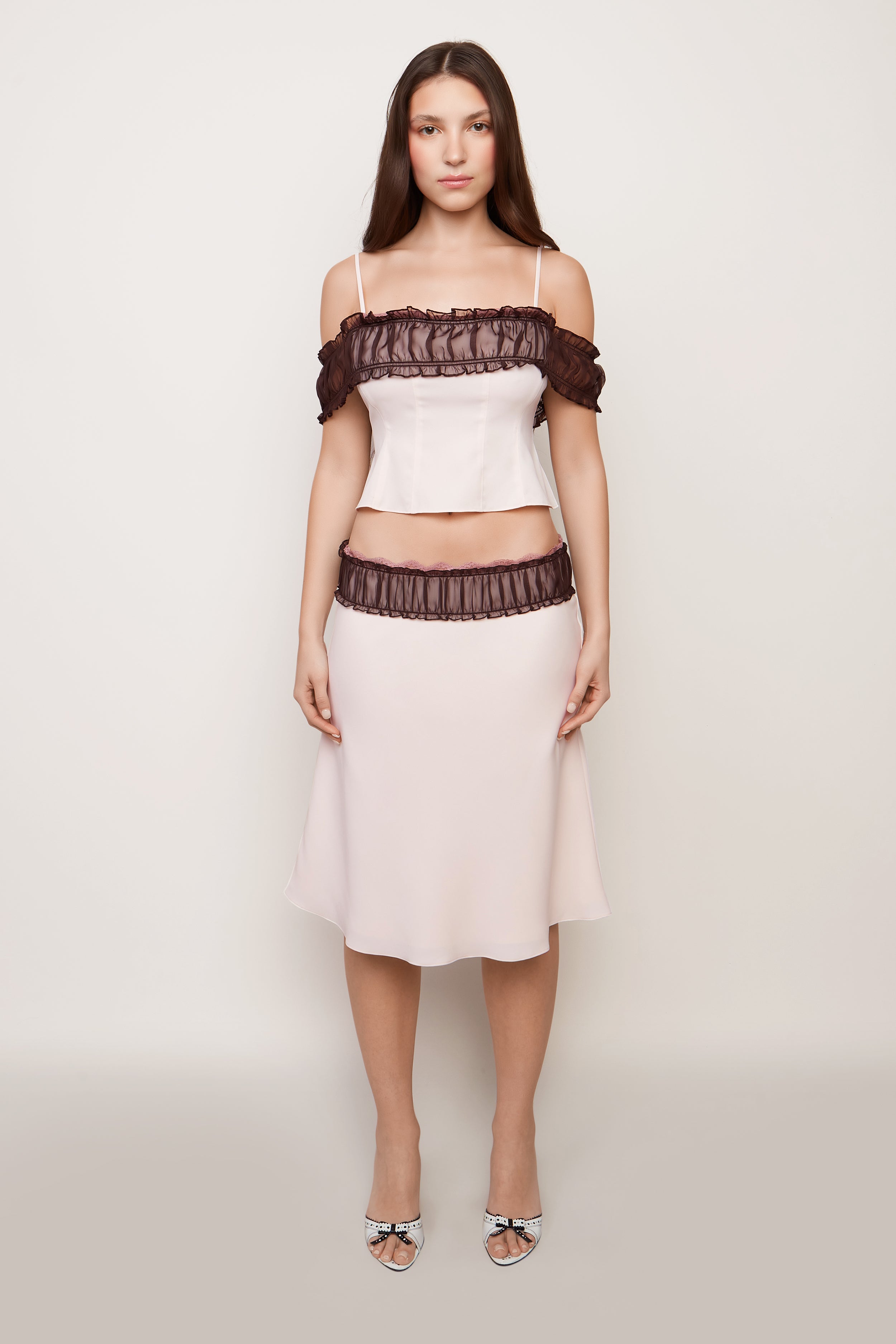 Ruched Chiffon Lace Midi Skirt in Ballet Slipper