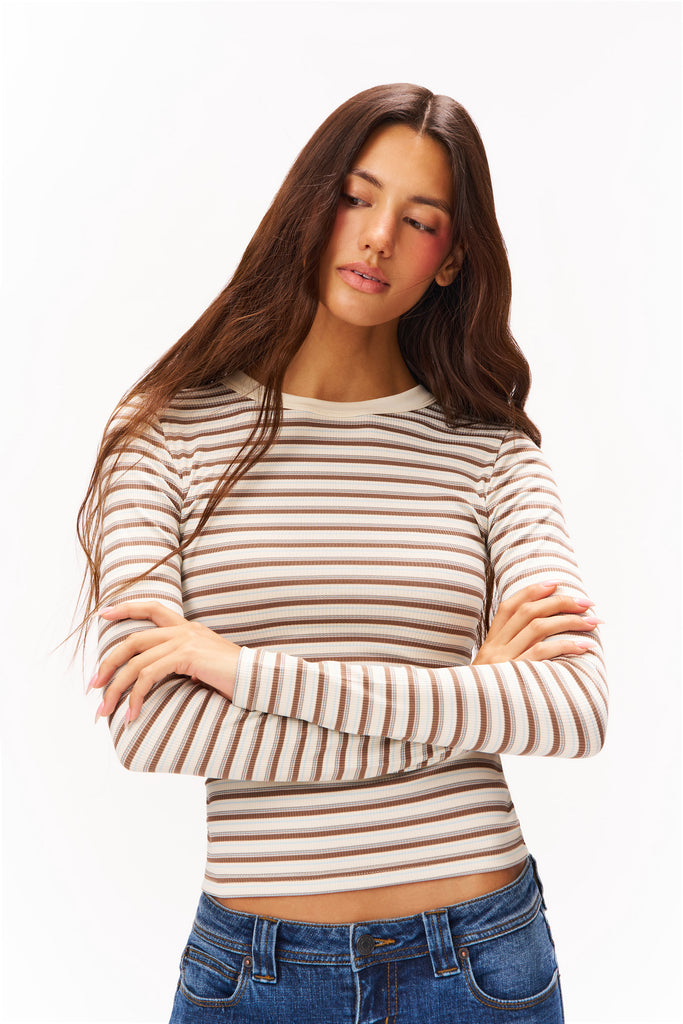 CREW LONG SLEEVE IN IVORY BROWN PREPPY STRIPE