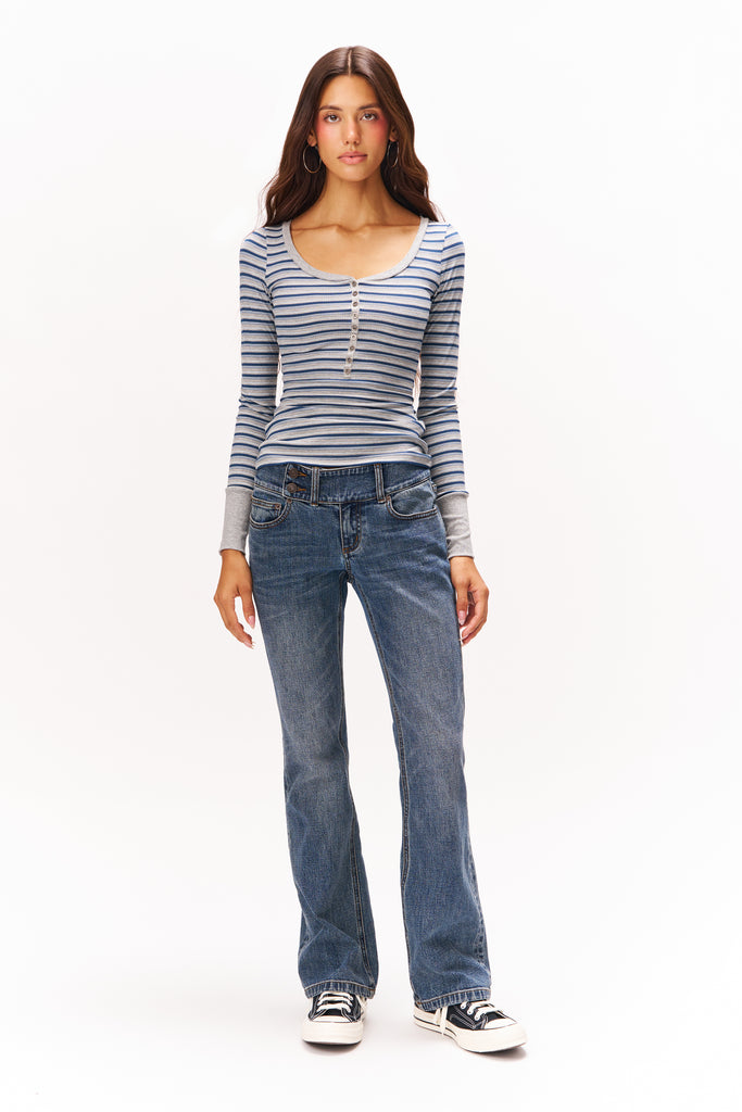 LONG SLEEVE HENLEY TOP IN HEATHER GREY NAVY PREPPY STRIPE