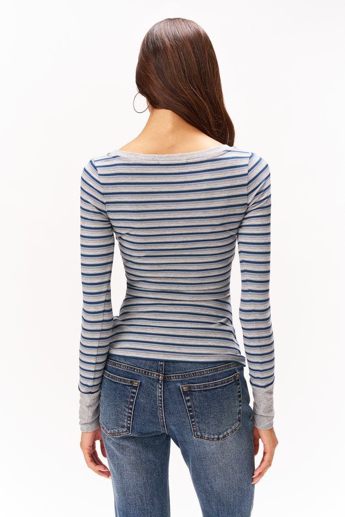 LONG SLEEVE HENLEY TOP IN HEATHER GREY NAVY PREPPY STRIPE