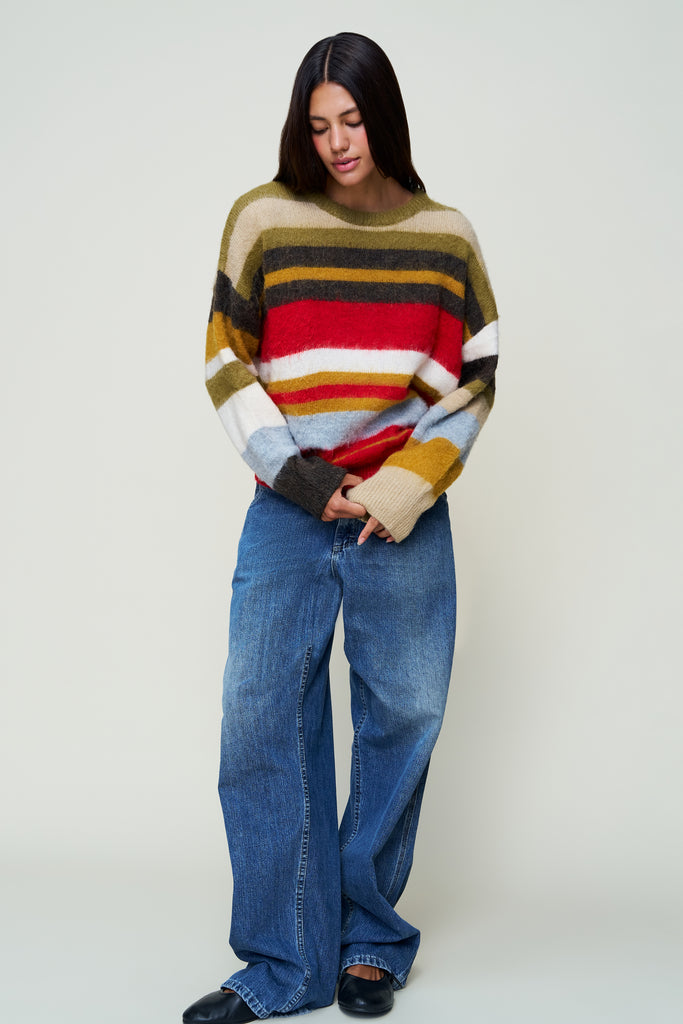 HAWLEY OVERSIZED STRIPE WOOL JUMPER IN OLIVE