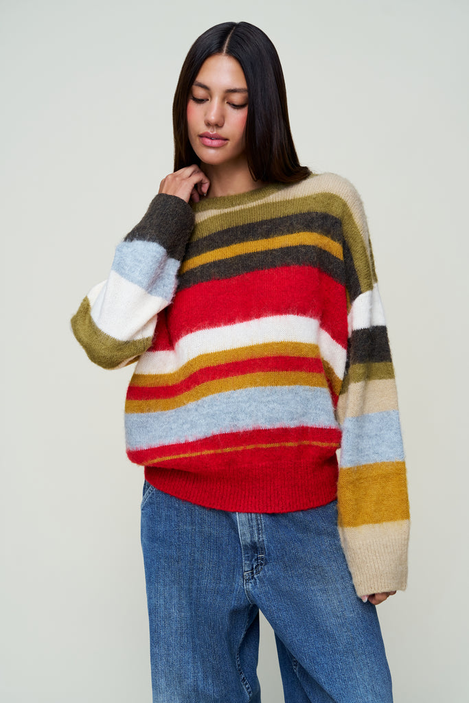 HAWLEY OVERSIZED STRIPE WOOL JUMPER IN OLIVE
