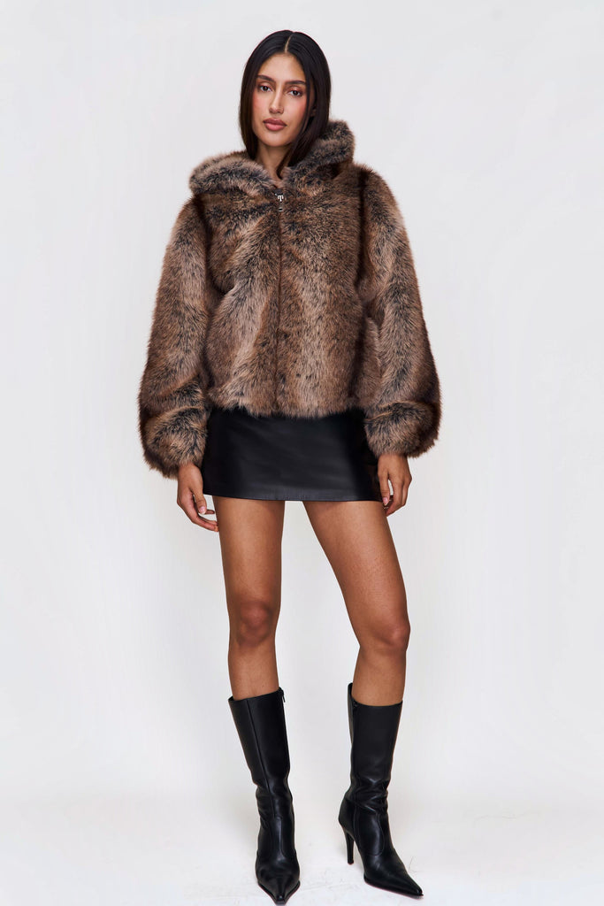 Cosette Cropped Faux Fur Jacket in Tawny Brown