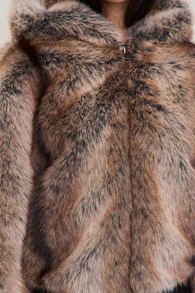 Cosette Cropped Faux Fur Jacket in Tawny Brown