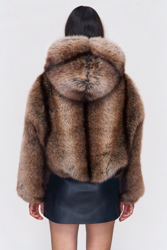 Cosette Cropped Faux Fur Jacket in Tawny Brown
