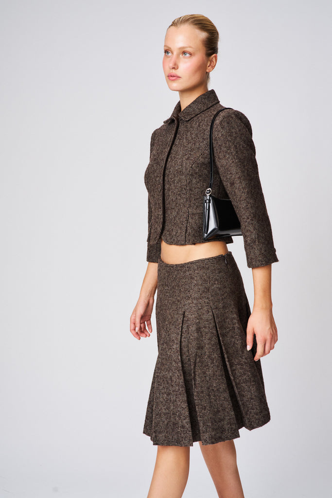 Maelie Low Rise Skirt in Brown Houndstooth