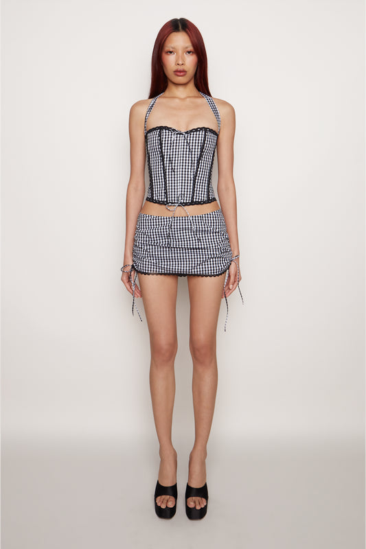 GINGHAM RUCHED SIDE TIE MINI SKIRT